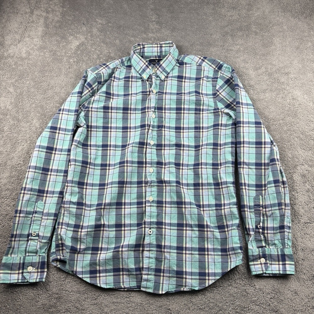 American Eagle Soft Classic Fit Button Up Shirt Mens Medium Teal Blue Plaid